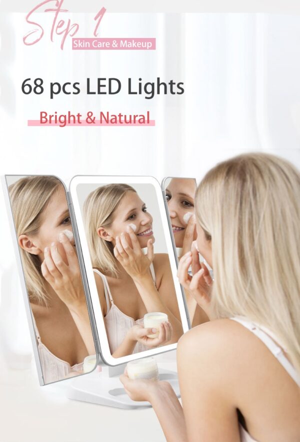 Trifold Makeup Mirror With Light 68 LED Vanity Mirrors 10X Magnifying 180Rotation - Image 2