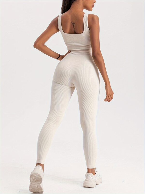 Women's Ribbed Solid Color One Piece Jumpsuit, Form-Fitting Sensual Activewear, Classic Sleeveless Full-Length Pants For Sport Casual Wear - Image 2