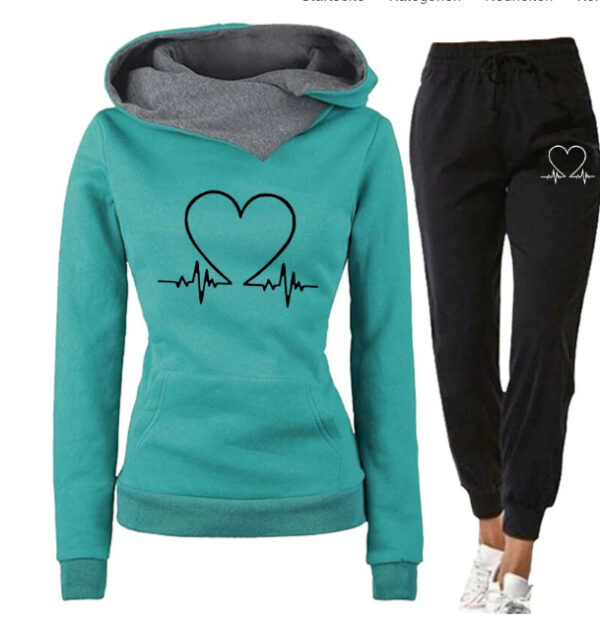 Love Heart Printed Sports Suit Hooded Sweatshirt Top And Drawstring Pants Fashion Casual Clothing For Women - Image 2